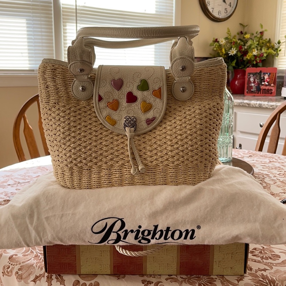 Brighton Straw Purse Hearts with Leather Trim.